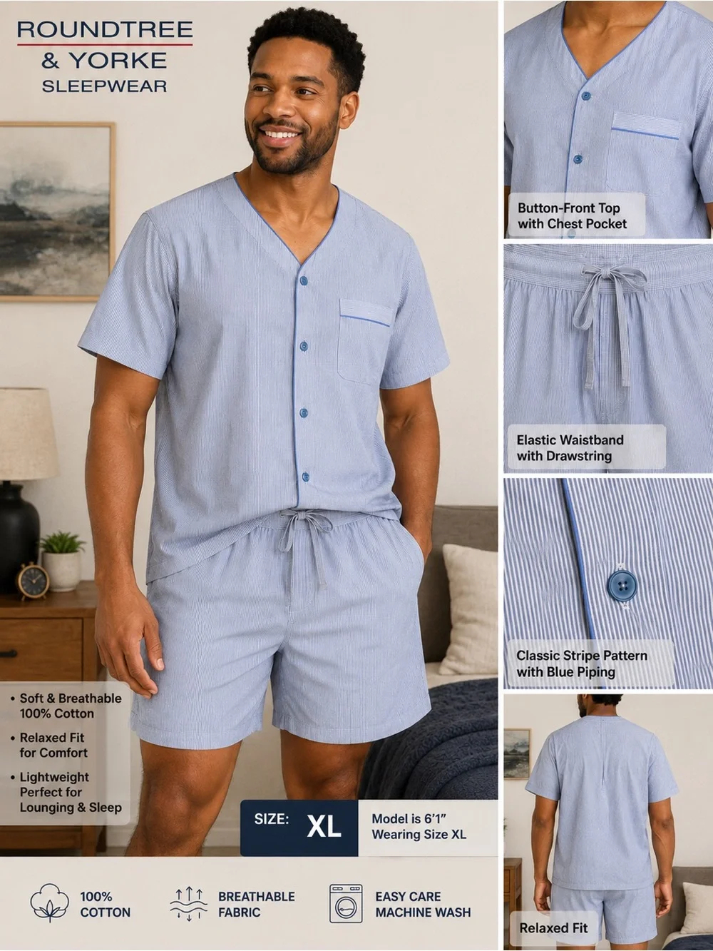 Roundtree & Yorke Light Blue Short-Sleeve Cotton Sleep Set